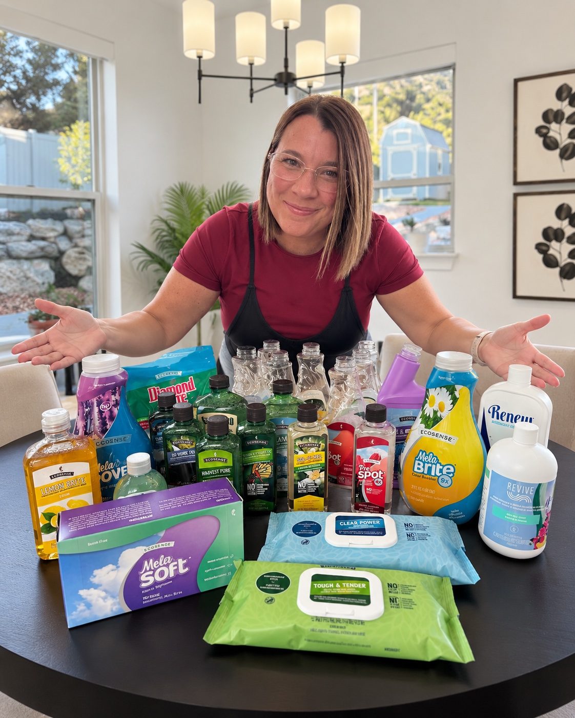 Aubrey presenting a table filled with her everyday home, laundry, and personal care products